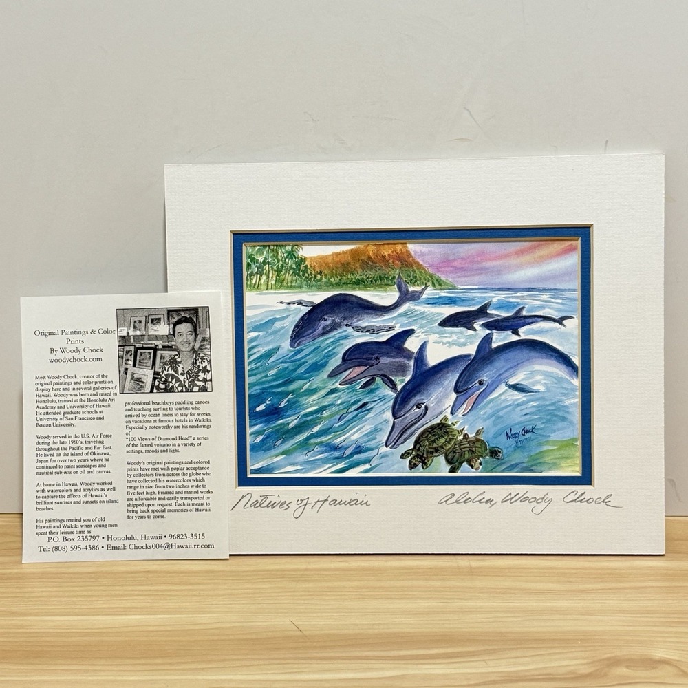 SIGNED Woody Chock Color Print "Natives Of Hawaii" Matted RARE Dolphins Turtles